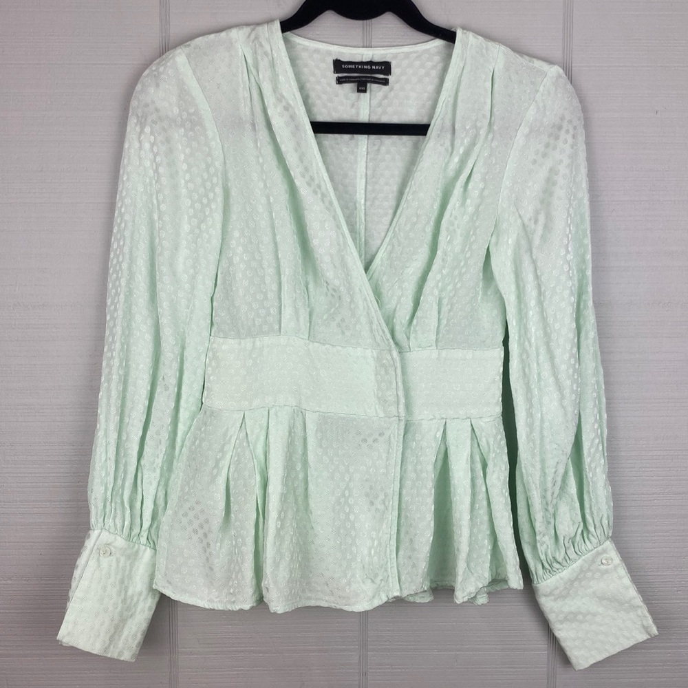 Something Navy Mint Green Long Sleeve V-neck Peplum Wrap Top Polka Dot XXS